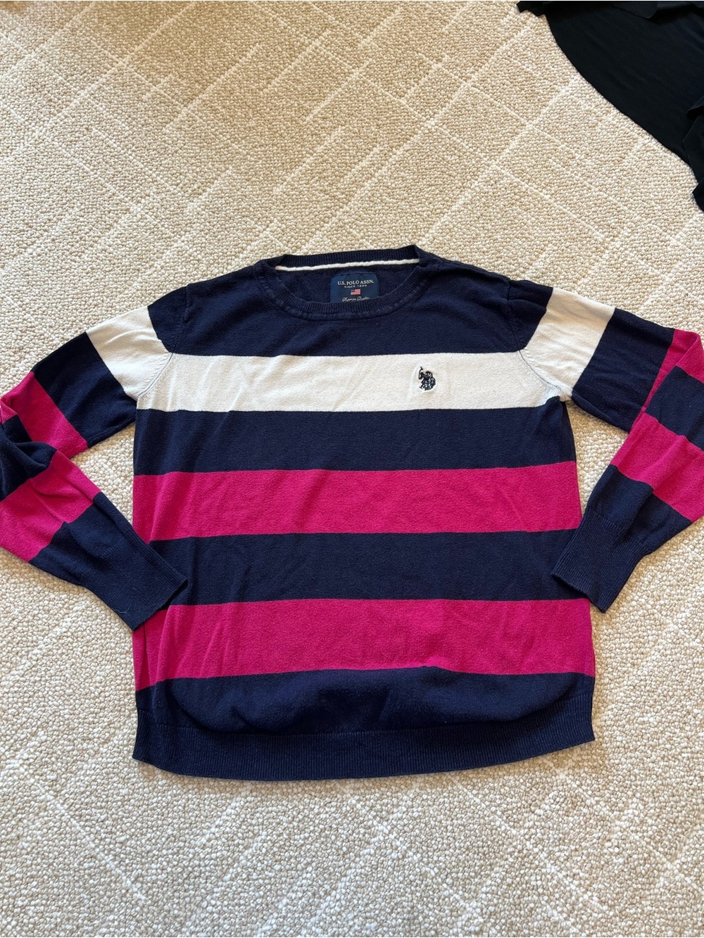 U.S. Polo Assn. Navy, White & Pink Wide-Stripe Crewneck Sweater